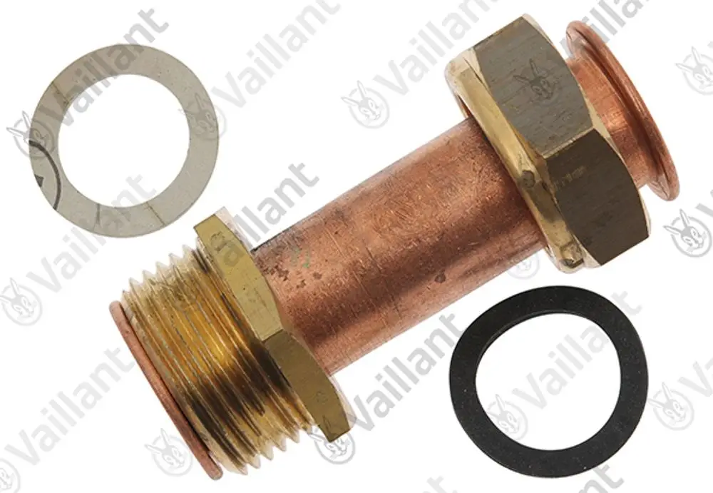 Kupferrohr mit messingbeschichtetem Gewinde, ergänzt durch zwei Dichtungen. Produkt von Vaillant.